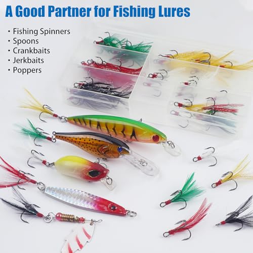 Fishing Treble Hooks Kit 50pcs Feather Dressed High Carbon Steel Triple Barbed Hooks Strong Sharp Round Bend for Catfish Trout Hard Baits Lures Freshwater Saltwater Fishing
