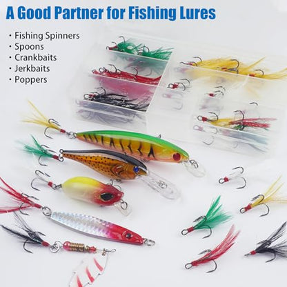 Fishing Treble Hooks Kit 50pcs Feather Dressed High Carbon Steel Triple Barbed Hooks Strong Sharp Round Bend for Catfish Trout Hard Baits Lures Freshwater Saltwater Fishing