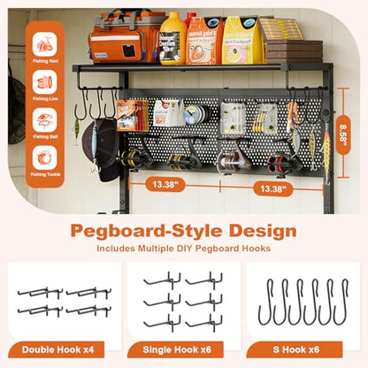 Olakee Wall Mount Fishing Rod Holders, Large Capacity Fishing Pole Holders for Garage Organizer, Horizontal Fishing Pole Rack Holds Up to 6 Rods with Pegboard & Hooks, Ideal Gift for Men Dad Anglers