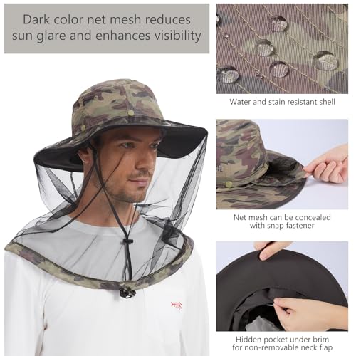 BASSDASH UPF 50+ Mosquito Sun Hat with Hidden Head Net and Neck Flap for Men Women Outdoor Fishing Hiking Camping - color: Earth Camo