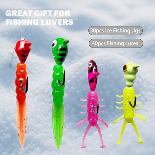 Ice Fishing Jigs Kit Luminous Ice Fishing Lures Soft Plastic Baits Crappie Jig Heads Ice Fishing Gear for Crappie Panfish Walleye Ice Fishing 70pcs