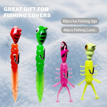 Ice Fishing Jigs Kit Luminous Ice Fishing Lures Soft Plastic Baits Crappie Jig Heads Ice Fishing Gear for Crappie Panfish Walleye Ice Fishing 70pcs