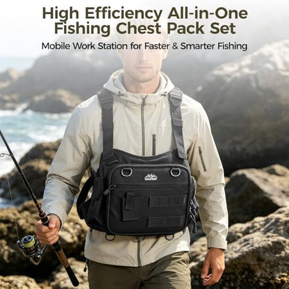 Fishing Chest Pack with 3 Bait Boxes, Fly Fishing Tackle Bag & Work Station - color: Black