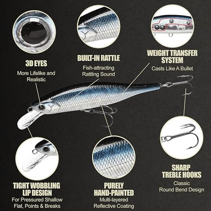 LUCKY CRAFT Lightning Pointer 98XR, Freshwater Bass Fishing Lures and Walleye Fishing Lures, 4" Slow Sinking Jerkbait, 6-7ft Depth, Largemouth Smallmouth, Tournament Fishing Gear - color: 052 Aurora Black