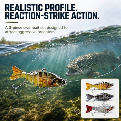 Rattling Fishing Lures 3 Pack, Multi-Jointed Swimbaits with Treble Hooks, Lifelike S-Swimming Hard Baits for Bass, Trout, Crappie & Perch