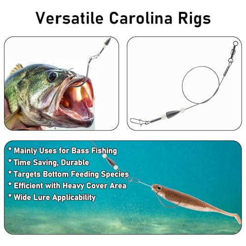 Dr.Fish 15 Pack Carolina Ready Rigs 10'' for Bass Fishing, Freshwater Fishing Wire Leader Line Pre-Rigged Bullet Sinker Swivels - color: Lead Weights, size: 1/8oz-15 Pack