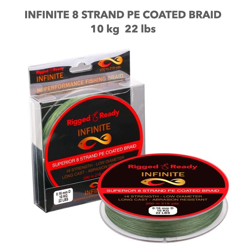 Rigged and Ready Infinite Hi-Performance Fishing Braid 10 to 66lb 4.5 to 30kg PE Coated Line 200m Braided 8 Strand Low Diam No Stretch Long Cast Abrasion Resistant Fast Sink River Lake Sea Fishing