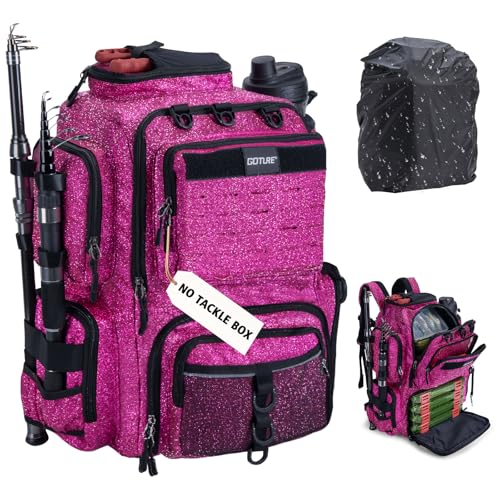 Goture Fishing Backpack,900D Water-Resistant Tackle Backpack with Rod Holders,45L Large Fishing Bag Storage Gear Tackle Bag with Rain Cover,Bottle Holder for Travel Camping Hiking(Without Tackle Box) - color: 45L Bling Pink with Bottle Holder