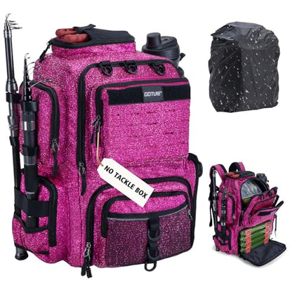 Goture Fishing Backpack,900D Water-Resistant Tackle Backpack with Rod Holders,45L Large Fishing Bag Storage Gear Tackle Bag with Rain Cover,Bottle Holder for Travel Camping Hiking(Without Tackle Box) - color: A2:45L Bling Pink(Without Tackle Box)