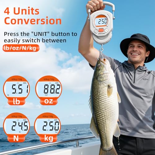 Fishing Scale Luggage Scale 132lb/60kg Digital Fish Scale, Fish Weight Scale with Backlit LCD Display, Luggage Weight Scale with 4 Units, 2 AAA Batteries, Hanging Scale for Fishermen Travelers - style: Battery Powered