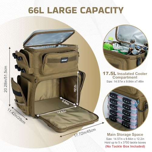Goture Fishing Backpack with Cooler, 66L 600D Tackle Backpack with 3 Rod Holders, EVA Cover, Helmet Holder, Rain Cover, Saltwater Large Fishing Bag for Camping Hiking, Gear Storage Bag, Gifts for Men - color: A1:khaki(without Tackle Box)