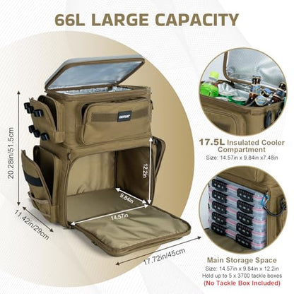 Goture Fishing Backpack with Cooler, 66L 600D Tackle Backpack with 3 Rod Holders, EVA Cover, Helmet Holder, Rain Cover, Saltwater Large Fishing Bag for Camping Hiking, Gear Storage Bag, Gifts for Men - color: A1:khaki(without Tackle Box)