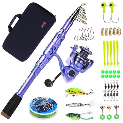 Sougayilang Fishing Rod and Reel Combos Carbon Fiber Telescopic Fishing Pole with Smooth Reel Combo Saltwater Freshwater Kit - color: Purple Full Kit, size: 2.7m/8.78ft