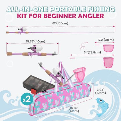 Kids Fishing Pole, Portable Telescopic Kids Fishing Poles for Boys Girls Youth, Fishing Rod and Reel Combo - color: Mint Blue+Metallic Pink