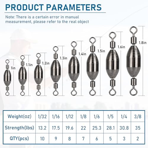 THKFISH Brass Fishing Sinker Swivel, 5 Size Trolling Sinkers Swivel Weights Quick Set Up Lead Fishing Sinker with Inner Swivel Rolling for Fishing Saltwater Freshwater,1/32-1/2 OZ - size: MIX-50PCS