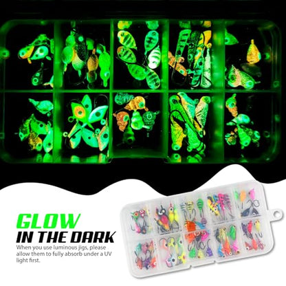 Ice Fishing Jigs Kit, 36/60/100pcs Micro Jig Heads Lures Hook Set for Winter Ice Jigging, Panfish, Perch, Trout, Bluegill, Walleye, Crappie Ice Fishing Lures Hooks Set with Storage Box - color: B -60pcs Ice fishing jigs (10 Style)