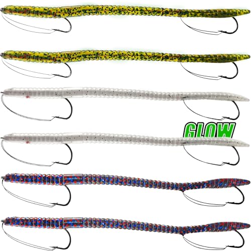 Fishing Lures Bass Lures, Weedless Pre Rigged Bionic Sinking Bass Fishing Lure Soft Plastic Swimbaits for Trout, Walleye, Crappie, Fishing Worm Swim Baits Minnows for Saltwater Freshwater - color: A2-Green Pumpkin, Junebug, Glow White
