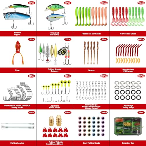 GOTOUR 128/209/240/265pcs Fishing Lures Kit with Tackle Box, All-in-1 Fishing Accessories Gear Set with Soft Lure, Minnow, Crankbait, Hooks, Sinkers, and Terminal Tackle Kit, Fishing Gifts for Men - color: B-240 pcs Pro Lures kit