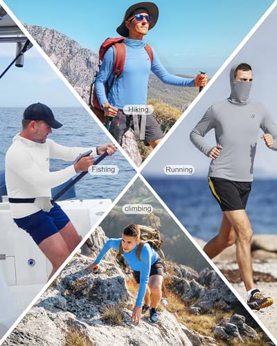 Roadbox UPF 50+ Men's Hooded Fishing Shirts, Long Sleeve UV Sun Protection Hoodie Hiking Running Swim Rash Guard with Mask - color: Gray, size: Medium