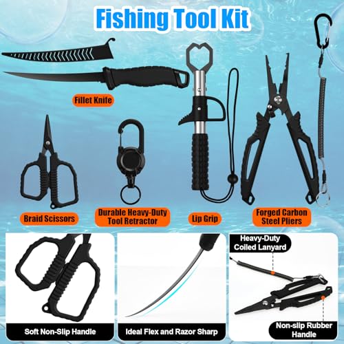Fishing Lures Kit with Tackle Box, Pliers, Fish Gripper, Saltwater Freshwater Gear Set for Bass Trout, Hooks Weights Bobbers Rigs Leaders - style: 449 Pcs Fishing Lures Accessories Kit