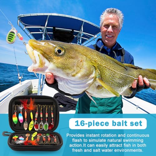 16pcs Fishing Lures Spinner Baits Kit, Metal Bass Trout Lures with Portable Carry Bag, Fishing Gears Spinnerbait Spoons Baits for Freshwater Saltwater Trout, Gifts for Men