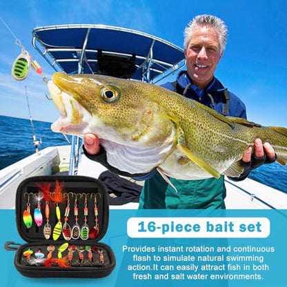 16pcs Fishing Lures Spinner Baits, Trout Bass Salmon Lures Kit, Metal Bass Trout Spinner Lure Baits with Portable Carry Bag for Freshwater Saltwater, Fishing Gifts for Men