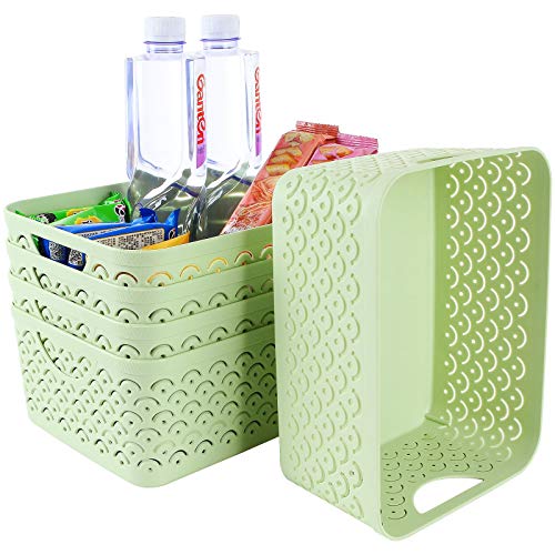 STARVAST 5 Pack Plastic Storage Baskets, Portable Green Fish Scale Pattern Hollow Desktop Storage Bin Box with Handle for Kitchen, Bathroom, Kids Room or Nursery Storage – 9.4 x 7.1 x 4.1 inches - color: Green