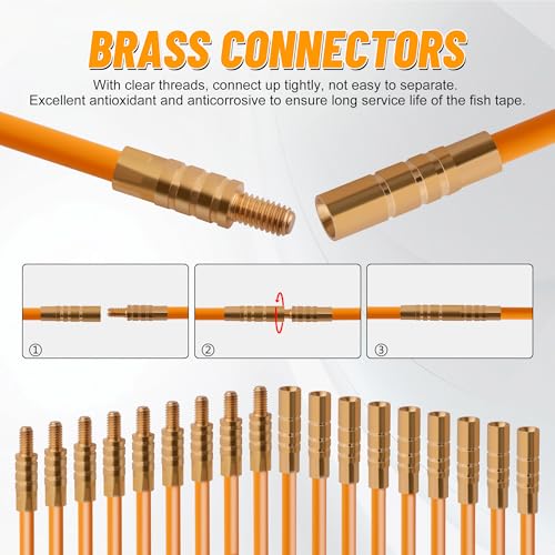 KOOTANS 50FT Fiberglass Running Electrical Wire Cable Glow Rods Wire Pulling Tools Fish Tape Wire Puller Through Wall Snake for Wires Cable Fishing Rod Kit with Different Attachments - color: 50FT