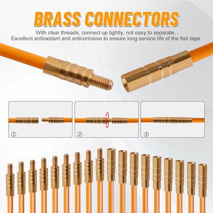 KOOTANS 50FT Fiberglass Running Electrical Wire Cable Glow Rods Wire Pulling Tools Fish Tape Wire Puller Through Wall Snake for Wires Cable Fishing Rod Kit with Different Attachments - color: 50FT