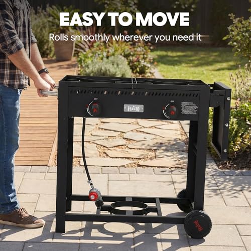 Feasto Outdoor Propane Deep Fryer with Movable Cart, 36 QT 2-Burner Stove | 100,000 BTU Total, 2 x 18QT Aluminum Pots, 1 x 18QT Basket & 2 x 9QT Frying Baskets, Portable Fryer for Fish, Fries & Chicken - size: 36 qt