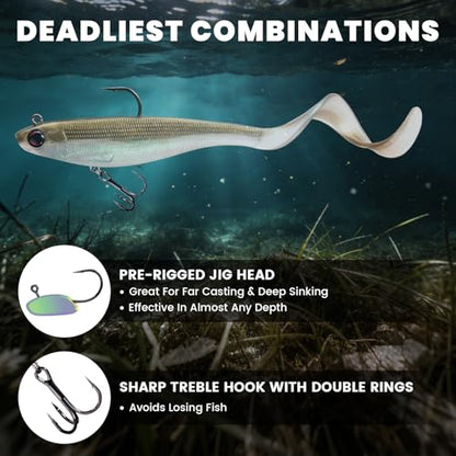 Pre-Rigged Soft Fishing Lures, Easy Catch Swimbaits for Bass Trout | Paddle & Curly Tail, Swim Baits for More Bites, Freshwater & Saltwater Fishing Bait, Crappie Walleye Pike Lures, Value Pack - color: B2-4"-0.56oz
