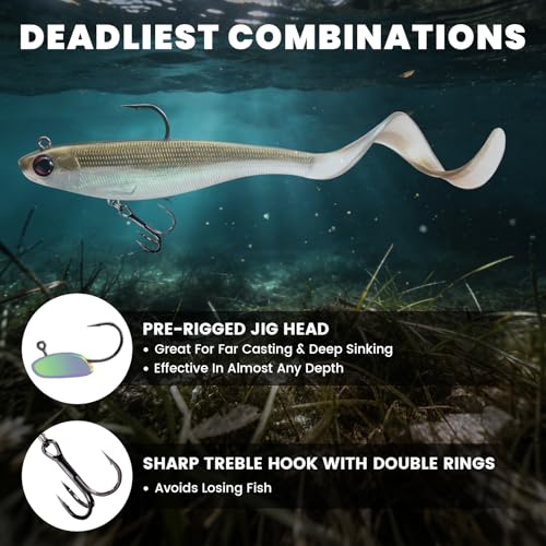 Pre-Rigged Soft Fishing Lures, Easy Catch Swimbaits for Bass Trout | Paddle & Curly Tail, Swim Baits for More Bites, Freshwater & Saltwater Fishing Bait, Crappie Walleye Pike Lures, Value Pack - color: B2-4"-0.56oz