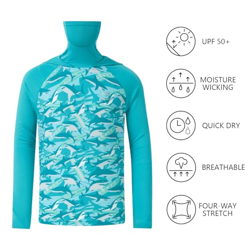 BASSDASH Youth UPF 50+ Hooded Shirts with Mask UV Neck Gaiter Sun Protection Long Sleeve T Shirt for Fishing Swim - color: Coastal Shade/Shark, size: X-Large
