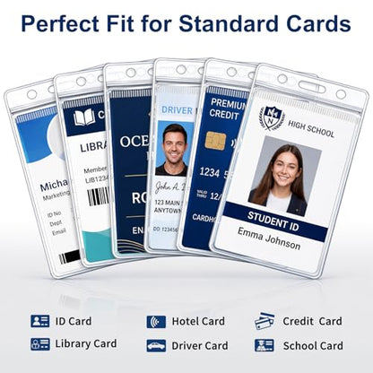 6 Pack Badge Holder, Plastic ID Badge Holder, Clear Waterproof ID Card Holder with Resealable Zip, 2.5" x 3.8" Vertical Name Tag Holder for Nurses and Office, Fits ID Card/Credit Card/Student Card