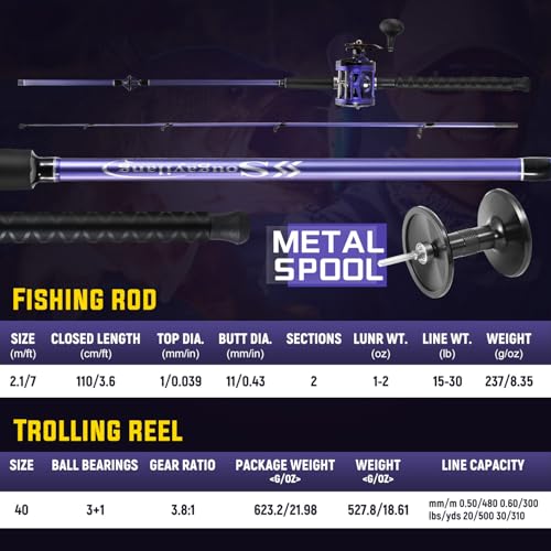 Sougayilang Trolling Fishing Rod Reel Combo - Heavy Duty Inshore/Catfish Rod with 4000 Size Reel, 2-Piece Saltwater Combo for Big Game Fish- 7'0"