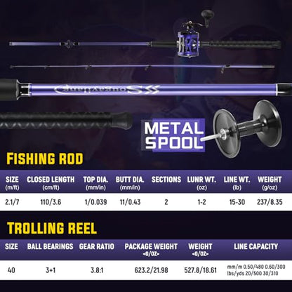 Sougayilang Trolling Fishing Rod Reel Combo - Heavy Duty Inshore/Catfish Rod with 4000 Size Reel, 2-Piece Saltwater Combo for Big Game Fish- 7'0"