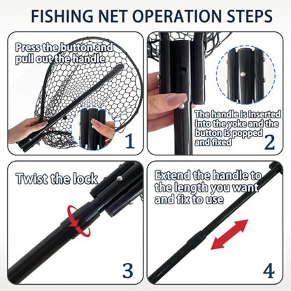 All Metal Telescoping Rubber Fishing Net with Handle Length: 59" Depth:19.7" Hoop: 26"x18" Large Silicone Fish Landing Net Pier/Kayak/Fishpond/Saltwater/Salmon Extendable Fishing Gear - color: Black with a Extra Replacement Net