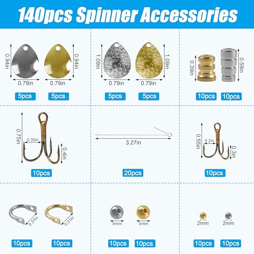 Fishing Lure Making Kit - 140pcs Spinner Making Kit Fishing Spoon Rigs Spinnerbaits DIY Acceessoires Shaft Spinner Blade Clevis Treble Hooks Fishing Spinner Blade Beads Craft Fishing Lure Making Gear
