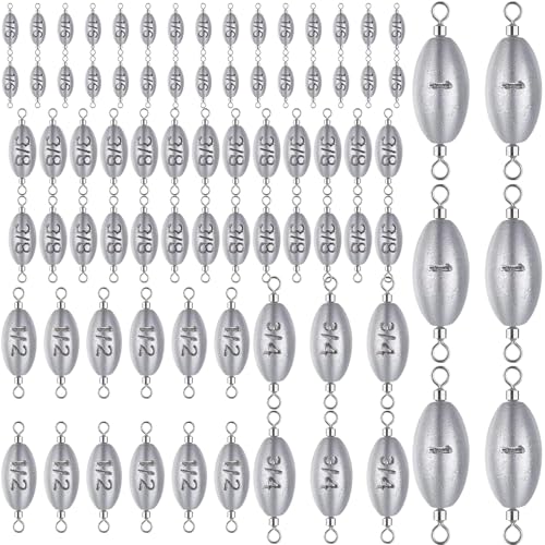 78 Pcs/Box Fishing Weights Inline Weights Trolling Sinkers Swivel Weights with Inner Swivel for Ocean Saltwater Surf Bass Fishing Casting Gear Tackle 1/6 Oz, 3/8 Oz, 1/2 Oz, 3/4 Oz, 1 oz