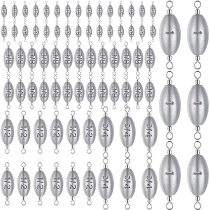 78 Pcs/Box Fishing Weights Inline Weights Trolling Sinkers Swivel Weights with Inner Swivel for Ocean Saltwater Surf Bass Fishing Casting Gear Tackle 1/6 Oz, 3/8 Oz, 1/2 Oz, 3/4 Oz, 1 oz