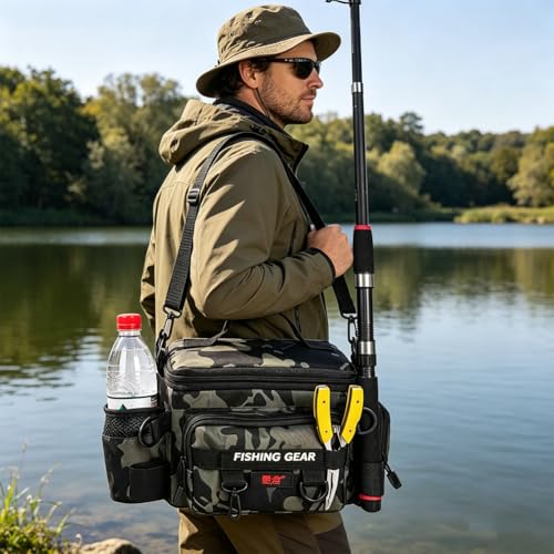 Oxford Fishing Tackle Bag, Water-Resistant Portable Multi-Pocket Fishing Gear Backpack for Anglers, with Rod Holder & Shoulder Strap