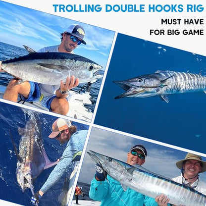 Double Hooks Rig for Trolling Chunking,4pcs Saltwater Trolling Hooks Stainless Steel Double Trolling Hooks Large Big Game Fishing Hooks for Marlin Shark Tuna Wahoo Dorado Fishing - size: 9/0-4pcs