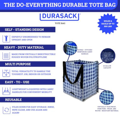 DURASACK Heavy Duty Storage Tote Bag 22-Gallon, Gingham Blue, Pack of 4 | Rugged Woven Polypropylene Moving Bag, Reusable Self-Standing Design, Holds up to 500 Pounds - color: Gingham Blue, size: Pack of 4