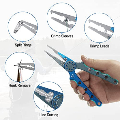 Piscifun Saltwater Fishing Pliers, Aluminum, Split Ring, Braid Cutter | Hook remover, tungsten carbide blade, spring-loaded jaws, ergonomic grip, sheath and lanyard - color: Blue, style: Rubber Sheath