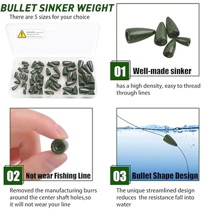 Bullet Fishing Sinkers Bass Fishing Weights Kit, 60pcs Worm Fishing Slip Weights Painted Pitching Flipping Weight Worm Weights for Bass Fishing Texas Rig Carolina Rig - style: Green-60pcs