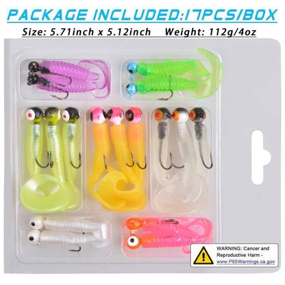 Soft Plastic Fishing Lure Jig Head Hook Kit,Grub Worm Lures Crappie Jigs Head Grub Tail Swimbait Tube Bait Jigs for Saltwater Freshwater, Trout Crappie Fishing - color: 17PCS Sets (2 Packs)
