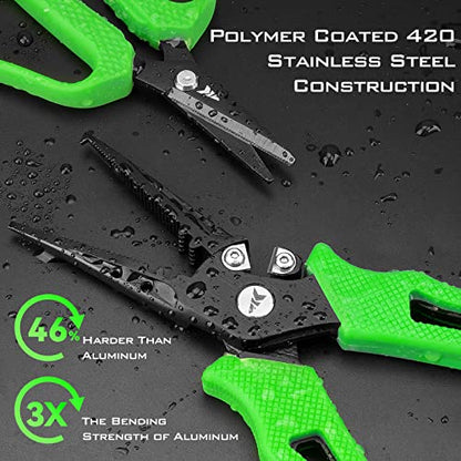 KastKing Cutthroat 7.5- Inch Saltwater Resistant Fishing Pliers, 5-Inch Braid Scissors, Line Cutter, Hook Remover, Fishing Tools Set, Gifts for Men - style: B: Split Ring Plier and Scissor - Green