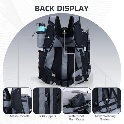 Goture Fishing Backpack with Cooler, 66L 600D Tackle Backpack with 3 Rod Holders, EVA Cover, Helmet Holder, Rain Cover, Saltwater Large Fishing Bag for Camping Hiking, Gear Storage Bag, Gifts for Men - color: A1:gray(without Tackle Box)