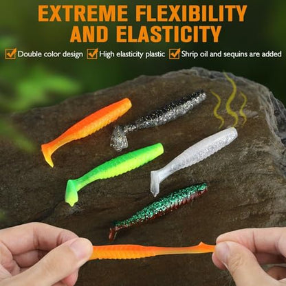 Dovesun Crappie Lures Kit Soft Plastic Baits Paddle Tail Swimbaits Fishing Soft Plastic Lures Crappie Walleye Trout Bass Fishing Baits 60pcs/75pcs - color: Duck Feet-1.7in-75pcs