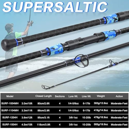 Sougayilang Surf Fishing Rod Portable Travel MH/H Surf Spinning Rod 4 Piece Carbon Fiber Saltwater Fishing Rod 10'/11'/12'/15' - color: blue, size: 15ft-Spinning-4Pc-H